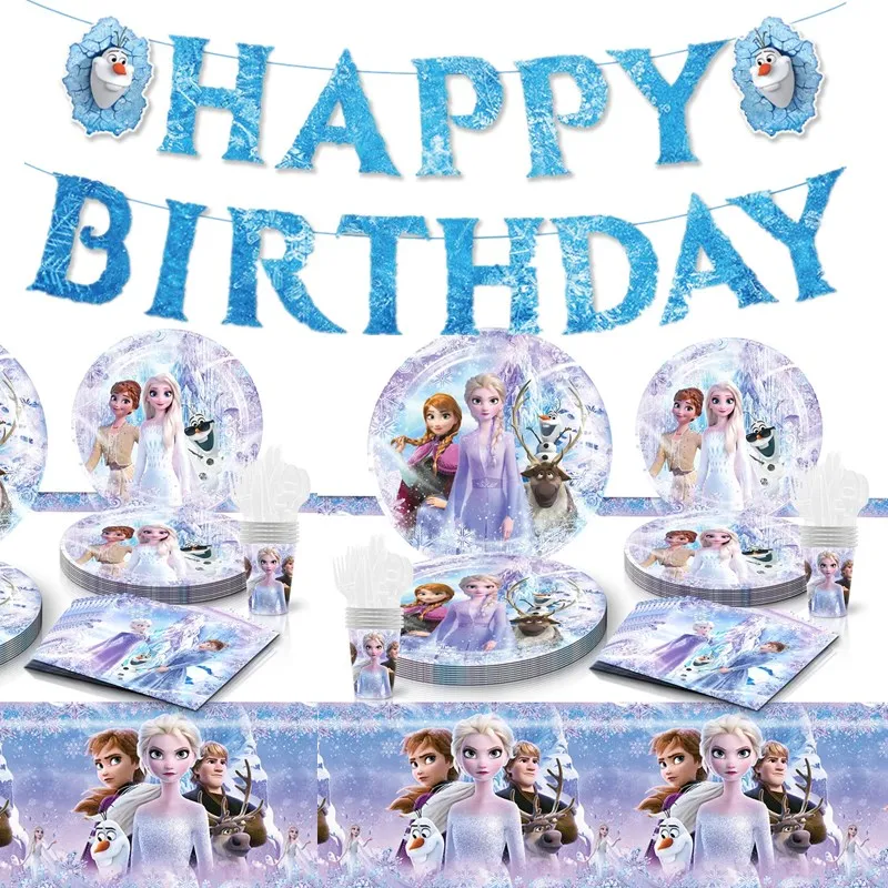 Snow Queen Elsa Princess Anna Girl's Birthday Party Tableware Supplies Frozen Banner Cup Plate Baby Shower DIY Party Decorations