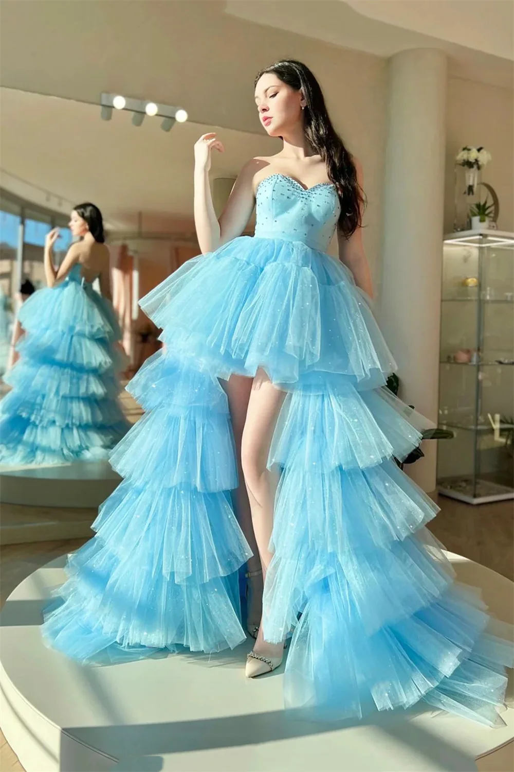 Jessica Sky Blue Robes De Soirée Glitter Tulle High And Low Layering Prom Dresses Princess Evening Dresses Wedding Party Dress