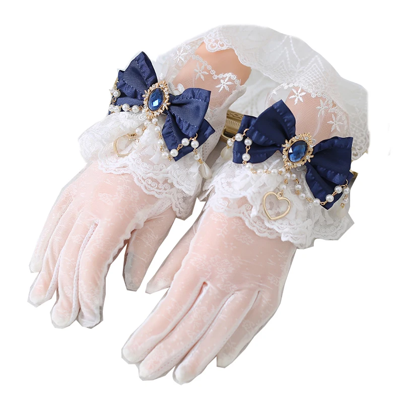 Guantes calados de encaje dulce para niñas, guantes finos de malla para ceremonia para mujeres, guantes sexis Punk Lolita