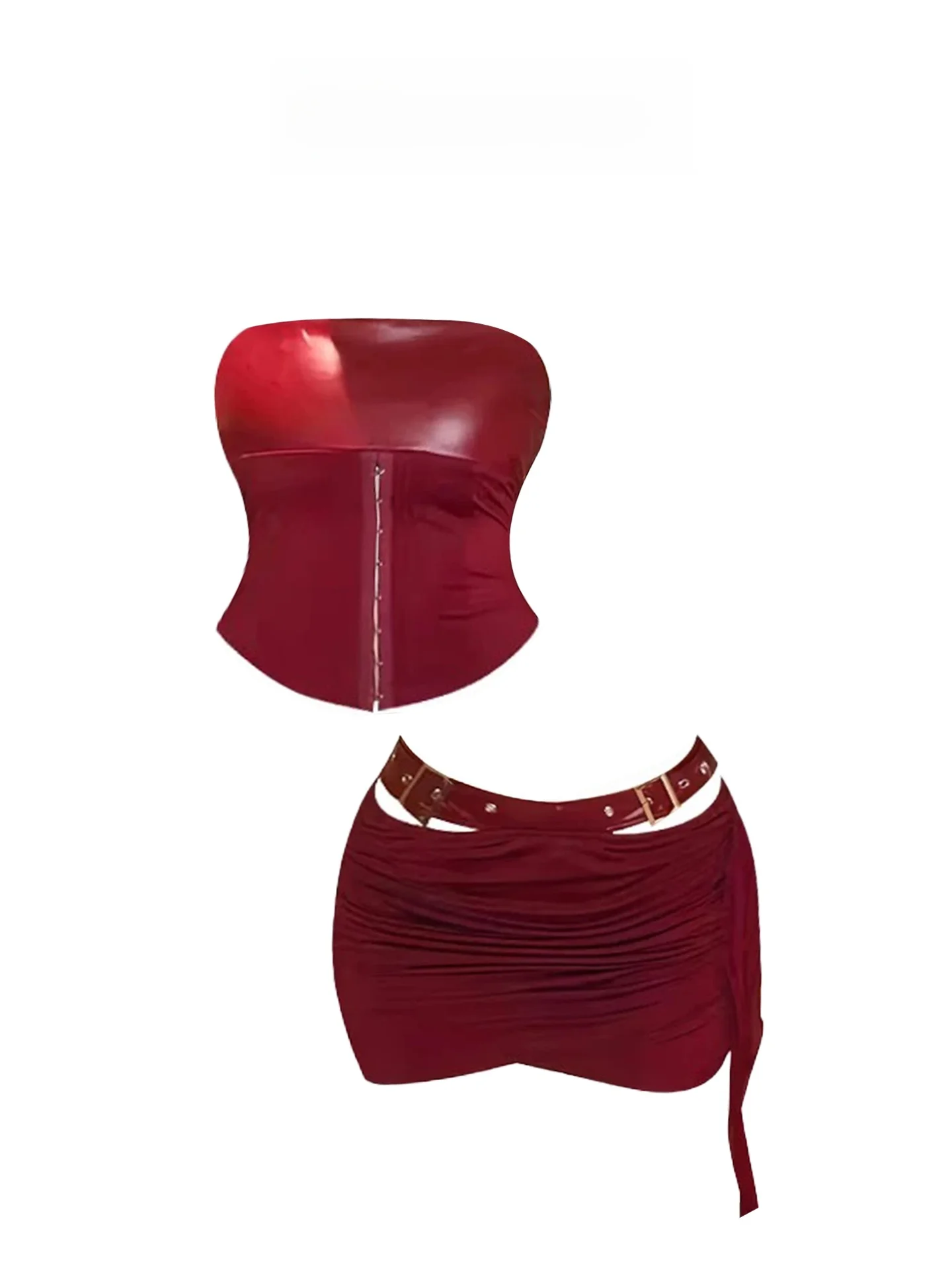 

HEZA Cisas Theme PU Leather Belted Bandage Top And Skirt Set plus Size Women Faionable Commute Sle ort Sve