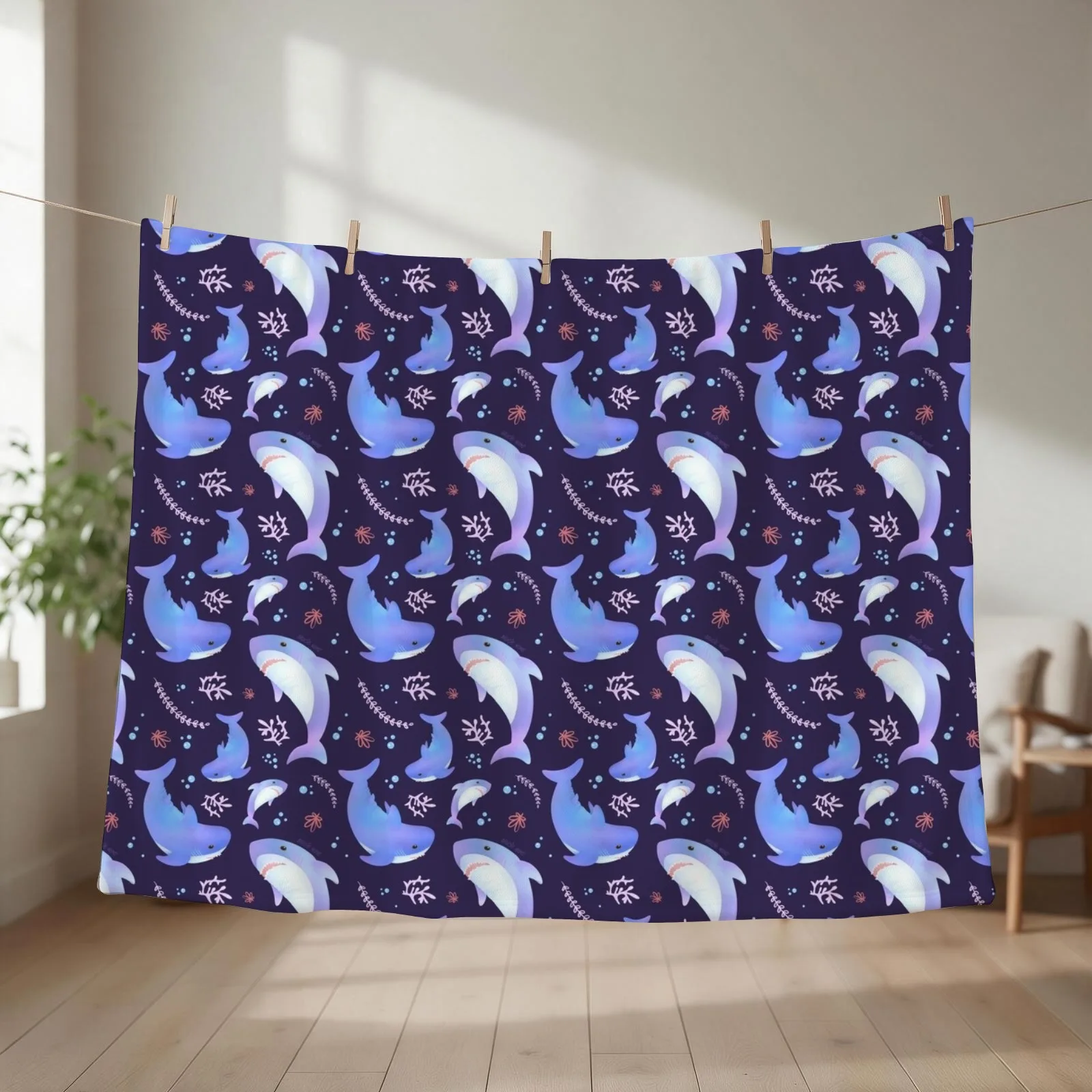 Brucie Blahaj shark under the sea pattern Throw Blanket couch cozy soft plush fuzzy picnic outdoor blanket
