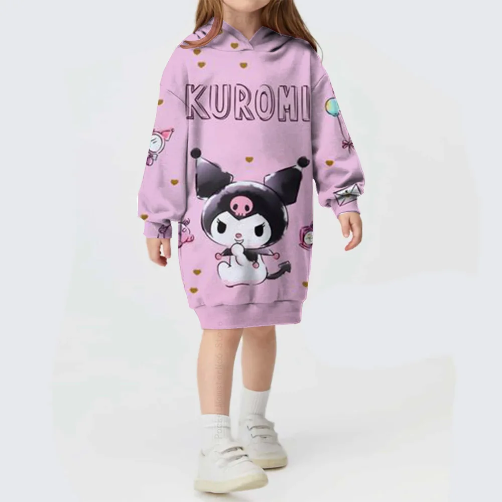 Toddler Kids Hello Kitty Kuromi print Hoodies Dresses for Girls Loose Casual Long Dress Infant Children O Neck Outfits Dress