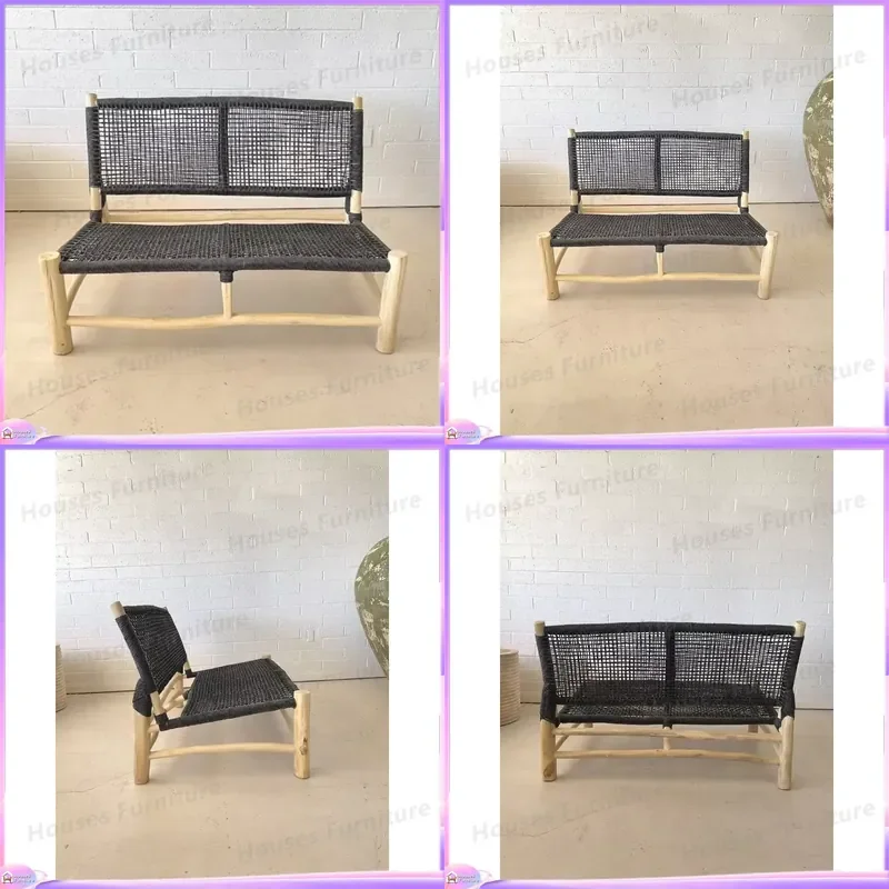 Rustic Rattan Teak Dining Chair 2 Seater Outdoor Furniture Black Conical Legs Natural Teak Branches Patio Garden Bench