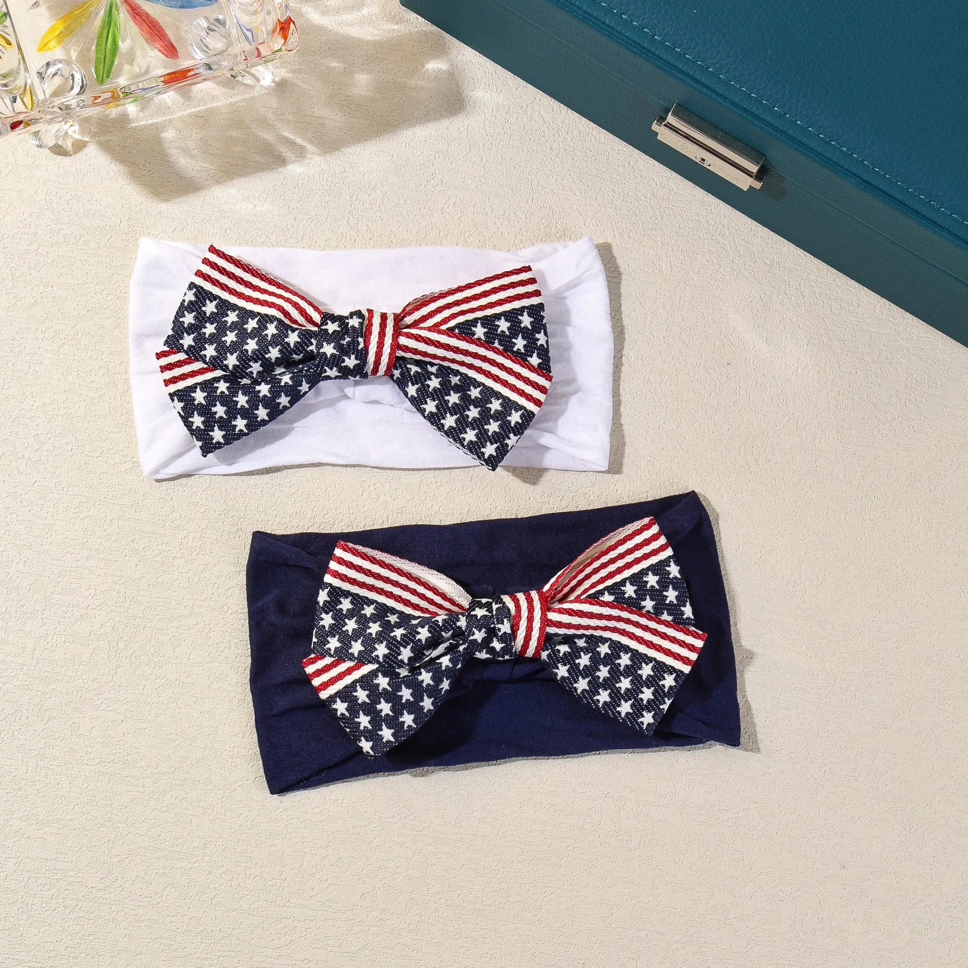 

20 PCS/Lot, 4th of July Ribbon Bow Soft Nylon Headbands Patriotic Bow Turban Headwrap For Independence Day