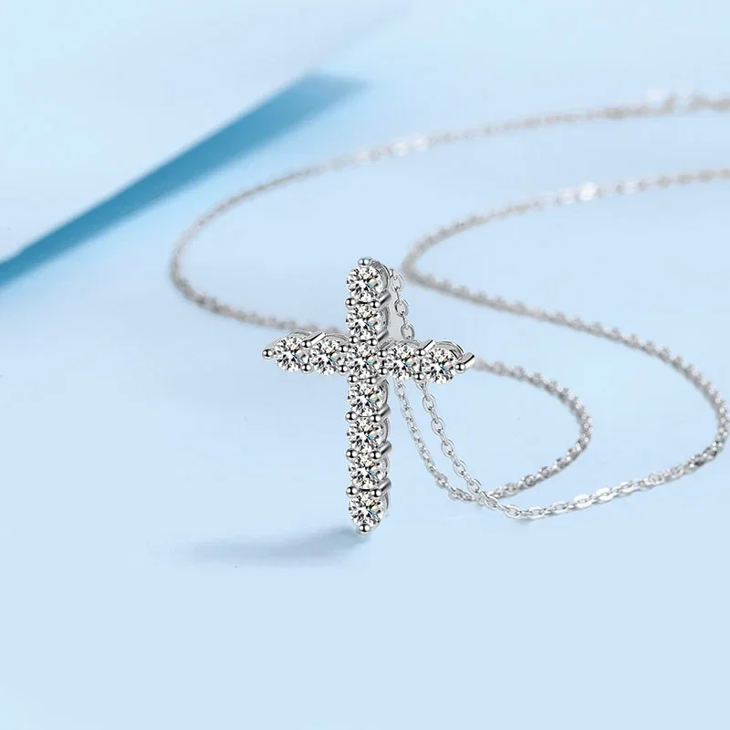 Tezzc Full Moissanite Necklaces Men Women Hip Hop Cross Pendant s925 Silver Necklace Jewelry Pass Diamond Tester Fashion Trendy