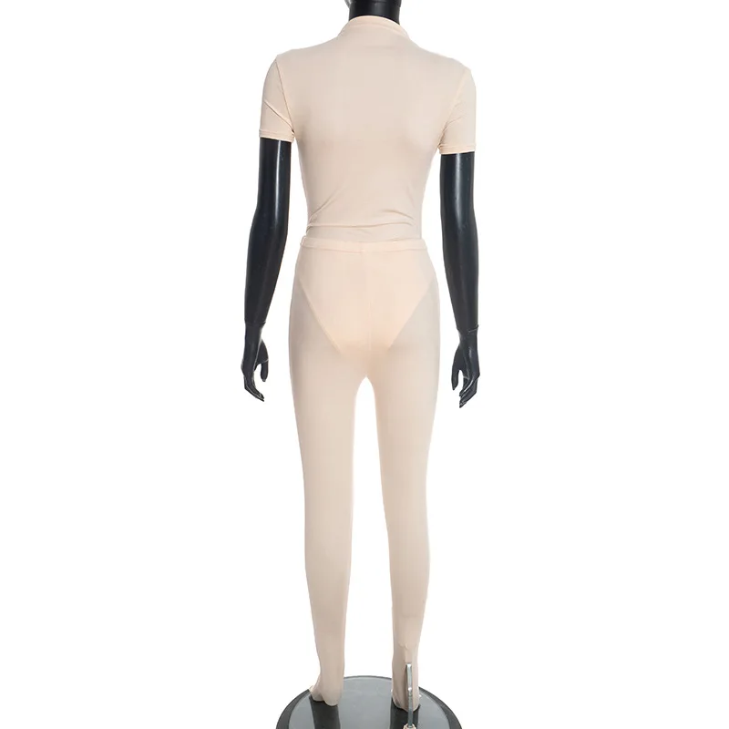 Fitness Workout Skinny 2 Piece Set Women Solid Half High Collar Short Sleeve Bodysuits Top + Footed Legging Pants Slim Tracksuit