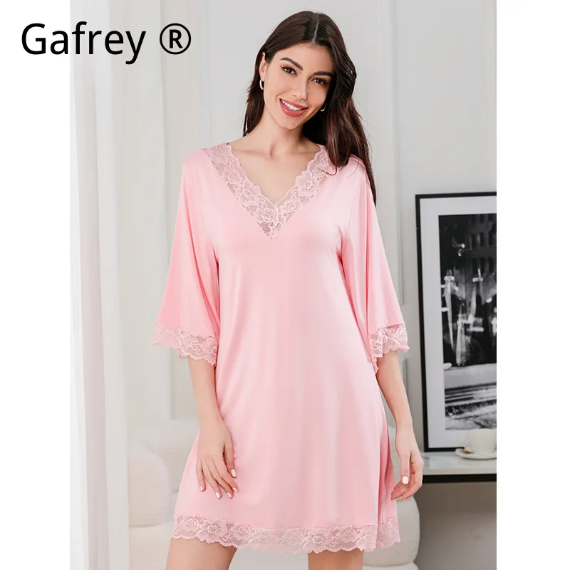 

Women's Plus Size Lace V Neck Modal Sleep Dress, Loose Three Quarter Sleeve Nightgown, Sexy Soft Loungewear Pajamas For Ladies