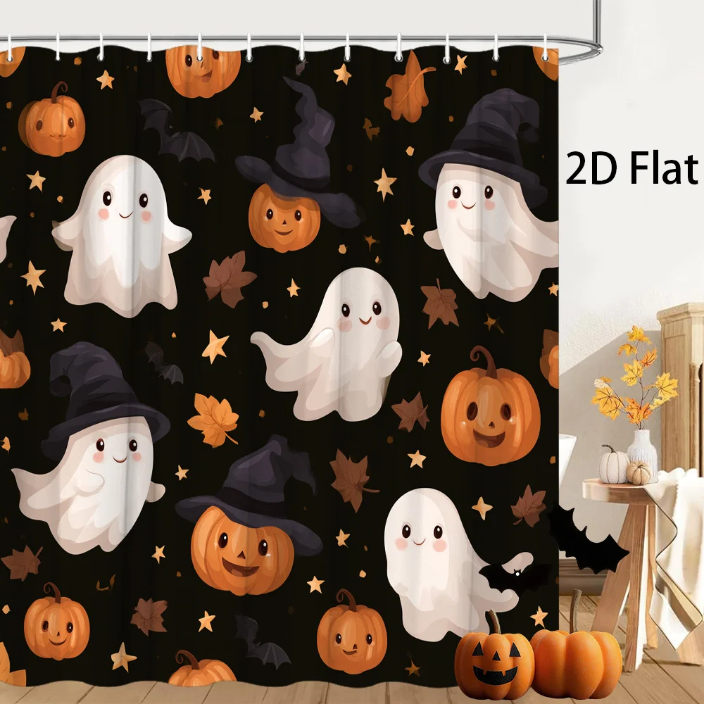 Cute Ghost Shower Curtain, Halloween Pumpkin & Star Print Waterproof Bathroom Decor, Funny Kids Home Bath Screen