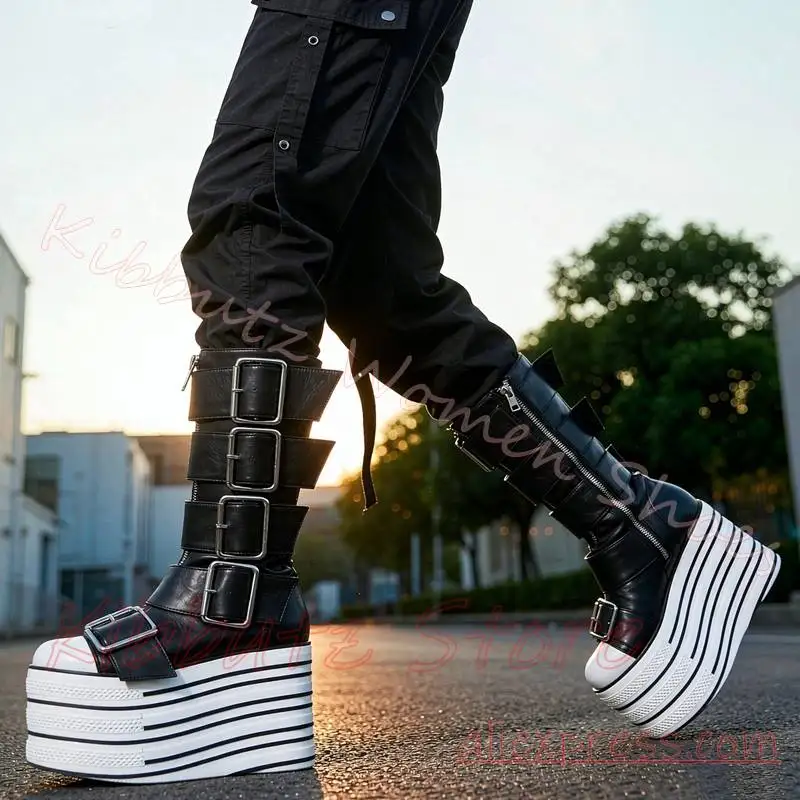 Platform Knee High Boots Multi Layer Striped Multi Buckle Strap Side Zip Round Toe Shoes Punk Gothic Street Fashion Leather New