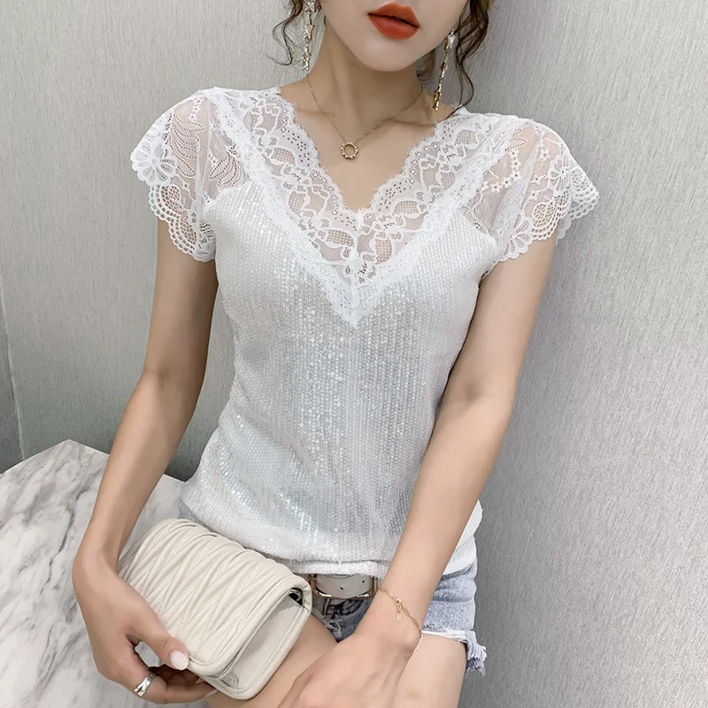 女性用スパンコールVネックTシャツ,スプライスレースTシャツ,女性用半袖くり抜かれたTシャツ7105