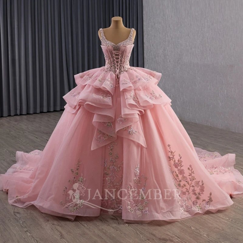 

Pink Ball Gown Quinceanera Dresses Off The Shoulder Sequin Applique Lace Beads Corset Party Birthday Sweet 16 Dress Vestidos 15
