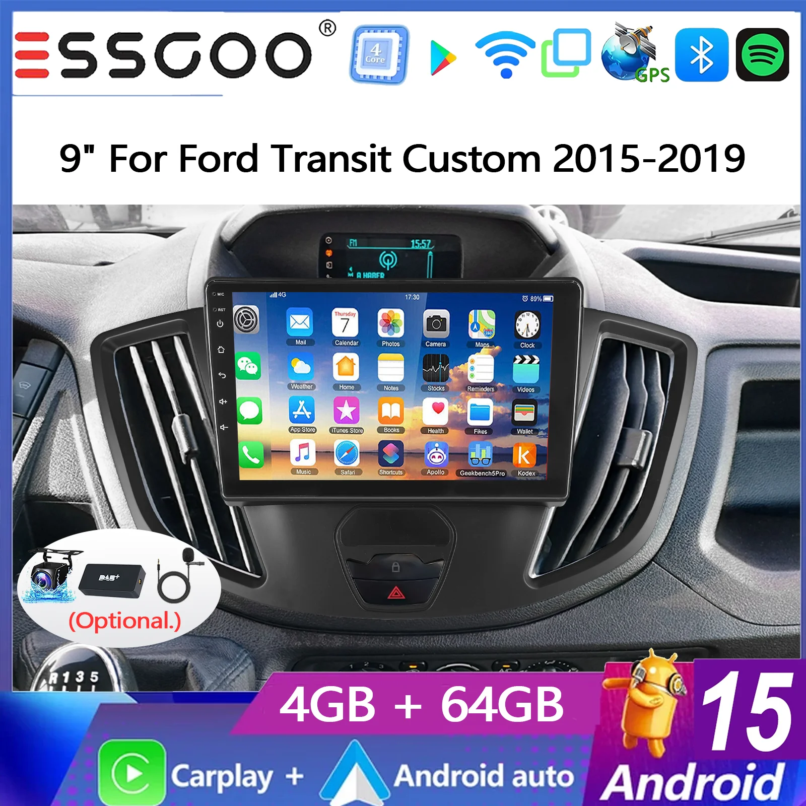 ESSGOO Android 15 9" 4+64G Autoradio für Ford Transit Custom 2015-2019 GPS Navigation Wireless Carplay Android Auto FM Bluetooth RDS Lenkradsteuerung Wifi Mirror Link IPS Touchscreen Multimedia