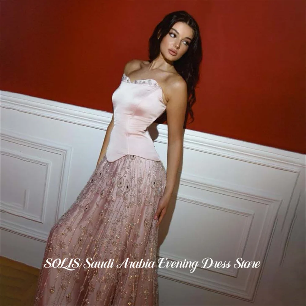 

SOLIS Blush Pink Evening Dresses Strapless A Line Party Dresses Neck Scarf Prom Gown Beading On Chest robes du soir Customized