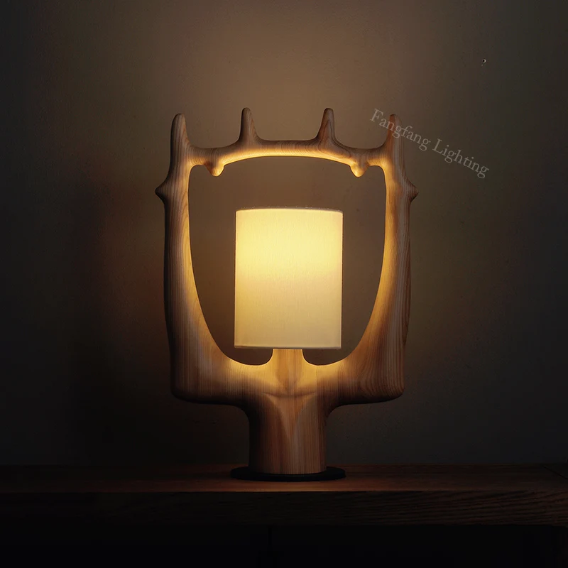 Creative Solid Wood Table Lamps Dimmable Indoor Decor LED Lighting Bedroom Living Room Bedside Study Desk Lamp Fabric lampshade