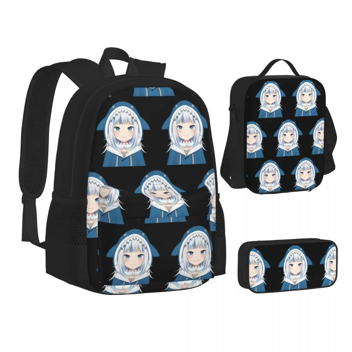 

Gawr Gura Backpacks Boys Girls Bookbag School Bags Kids Rucksack Lunch Bag Pen Bag Three-Piece Set