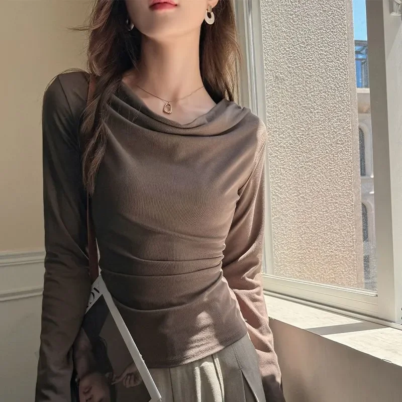 Women Draped Neck Long Sleeve Top Autumn Winter  Slim Ruched Basic Casual Layering T-shirt