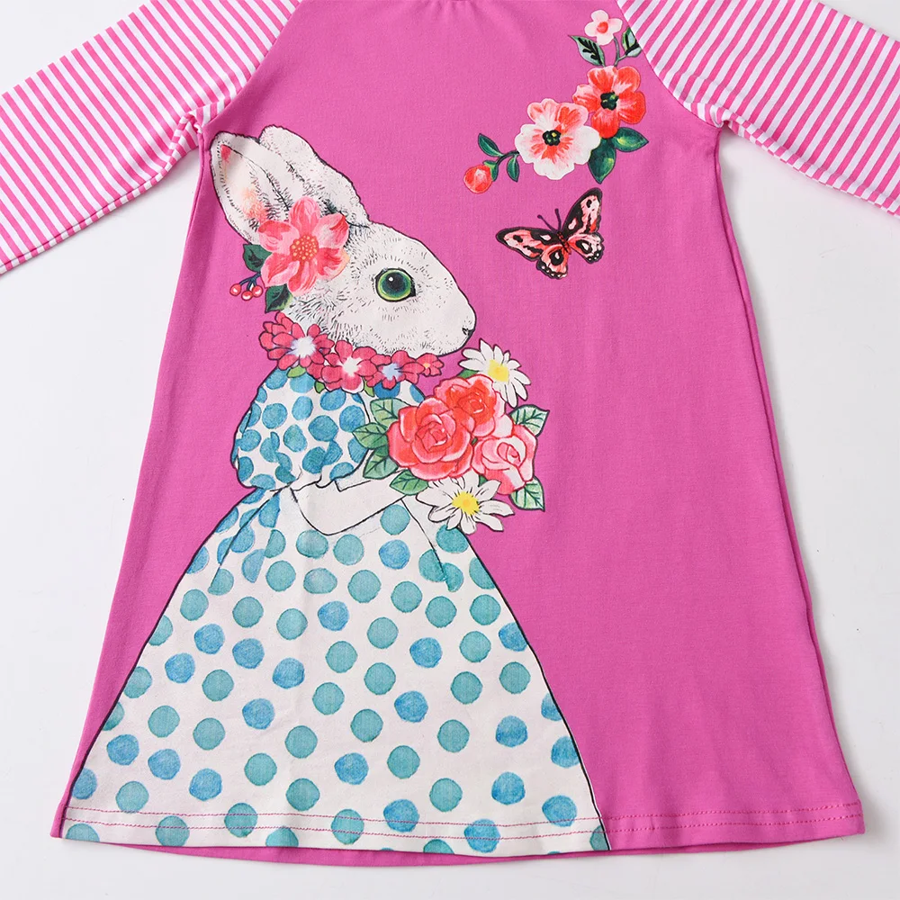 VIKITA Girls Pink Bunny Rabbit Cartoon Print Straight Dress Toddlers Cotton Casual Daily Long Sleeve Autumn Spring Outfits Frock view 4