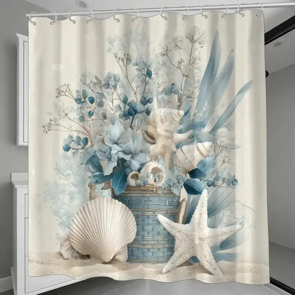 Elegant Coastal Ocean Shower Curtain Bohemian Beach Decor Starfish Seashell Tropical Flora Luxury Bathroom Curtain Waterproof