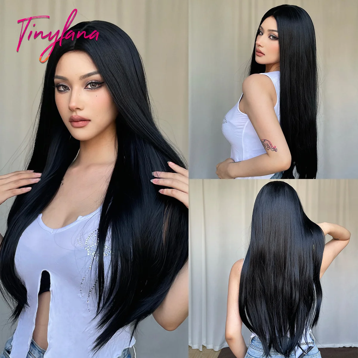 Long Straight Natural Black Synthetic Wigs Middle Part Black Cosplay Lolita Daily Wig for White Women Fake Hair Heat Resistant