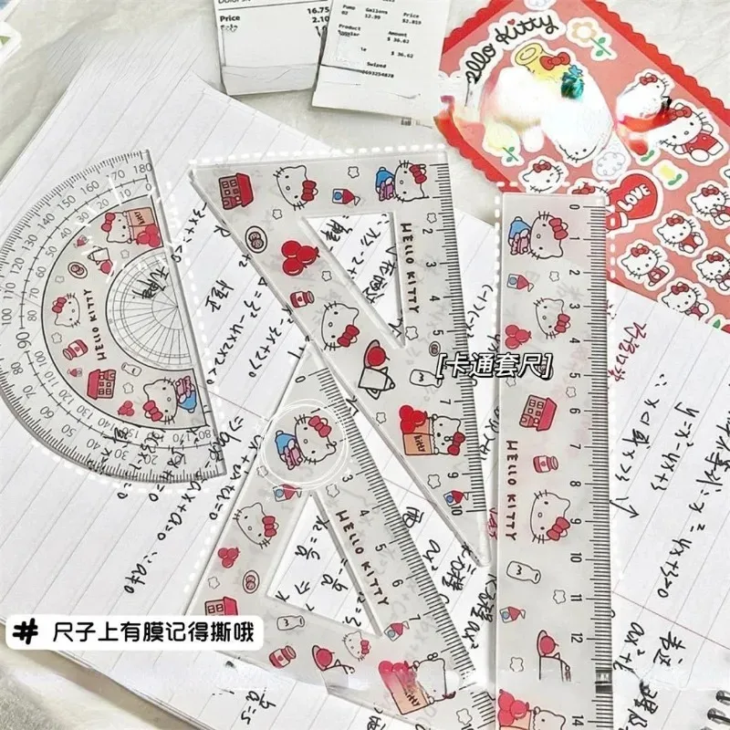 

Hello Kitty Anime Cartoon Cute Ruler Triangular Ruler Creative Kawaii Plastic Ruler Set Student Measurement Stationery Wholesale