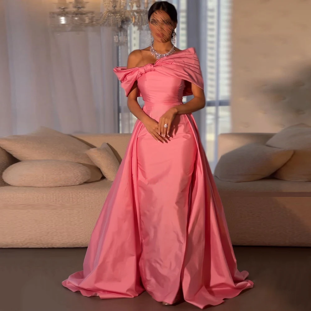 Hot Pink Evening Dress Customized Off Shoulder Slit Saudi Arab Prom Dresses Sweep Train Arabic Formal Party Gown Custom Color