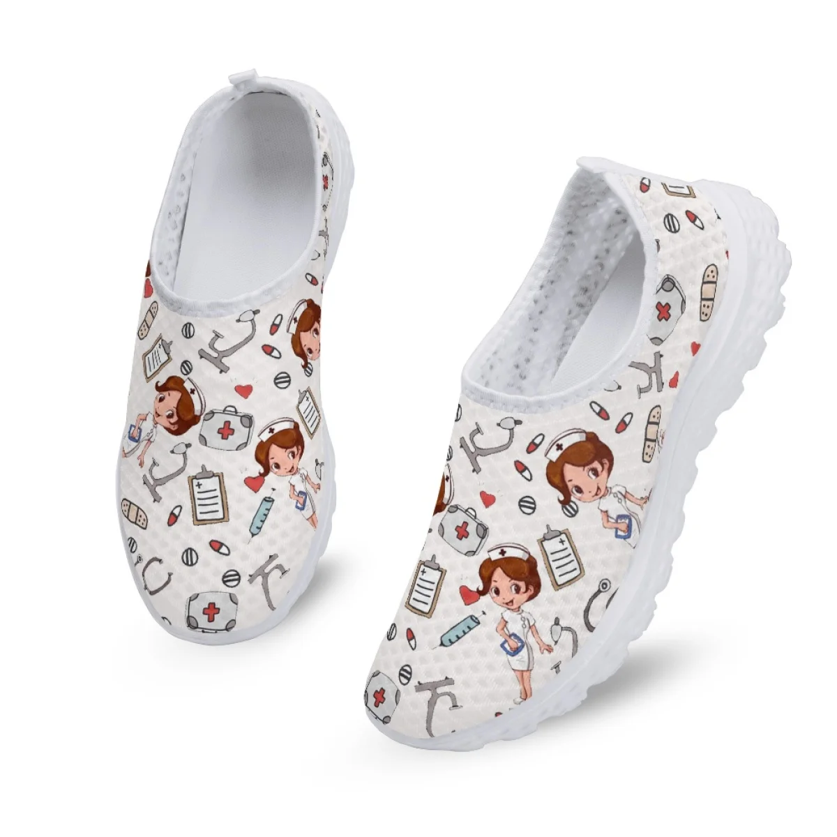 Belidome Cartoon Nurse Shoes White Medical Nurse Print Breathable Walking Mesh Flat Shoes Sneaker Female Footwear Tenis de Mujer