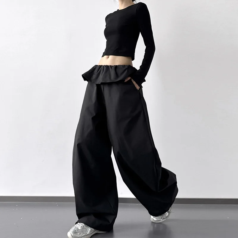 2026 Early Autumn Women's Casual Pants Women's Lotus Leaf Edge High Waist Skinny Loose Versatile Straight Wide Leg Pants