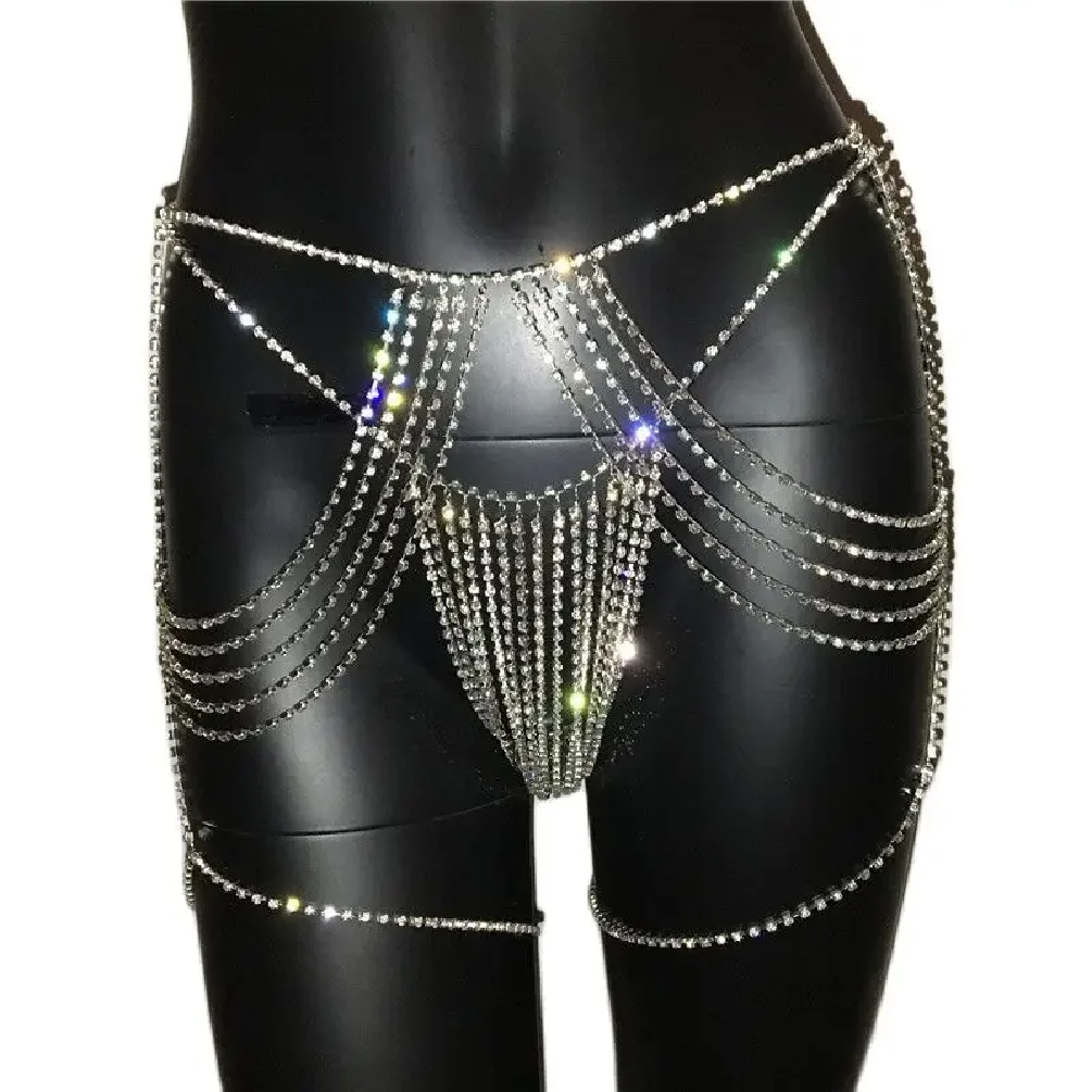 Shiny Diamante Halter Two Piece Set See through Crop Top with Hot Waist Chain And High Cut Panties Sexy Clubwear 2 Pcs Set