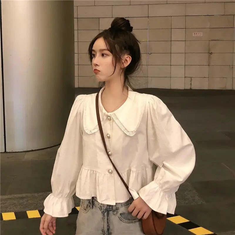 

Long Sleeve Shirts Women Cotton Oversized Button Down Tops Lantern Sleeves Pleated Hem Minimalist Preppy Feminine Elegant French