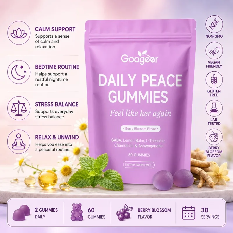 Googeer Daily Peace Gummies with GABA L-Theanine Lemon Balm Chamomile Ashwagandha for Calm Relaxation Daily Support 60 Gummies