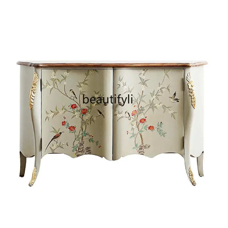 

A entrance cabinet light luxury painted home living room hand-painted decorative partition solid wood dining side cabinet