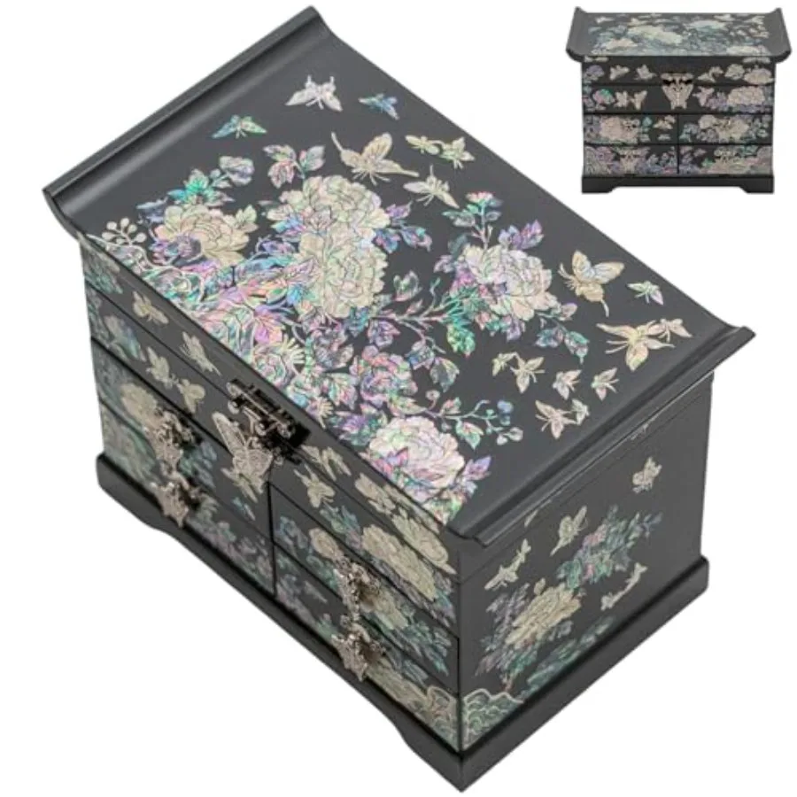 

Шкатулка для драгоценностей из перламутра с традиционной инкрустацией из перламутра — элегантный цветочный дизайн и бабочка для нее