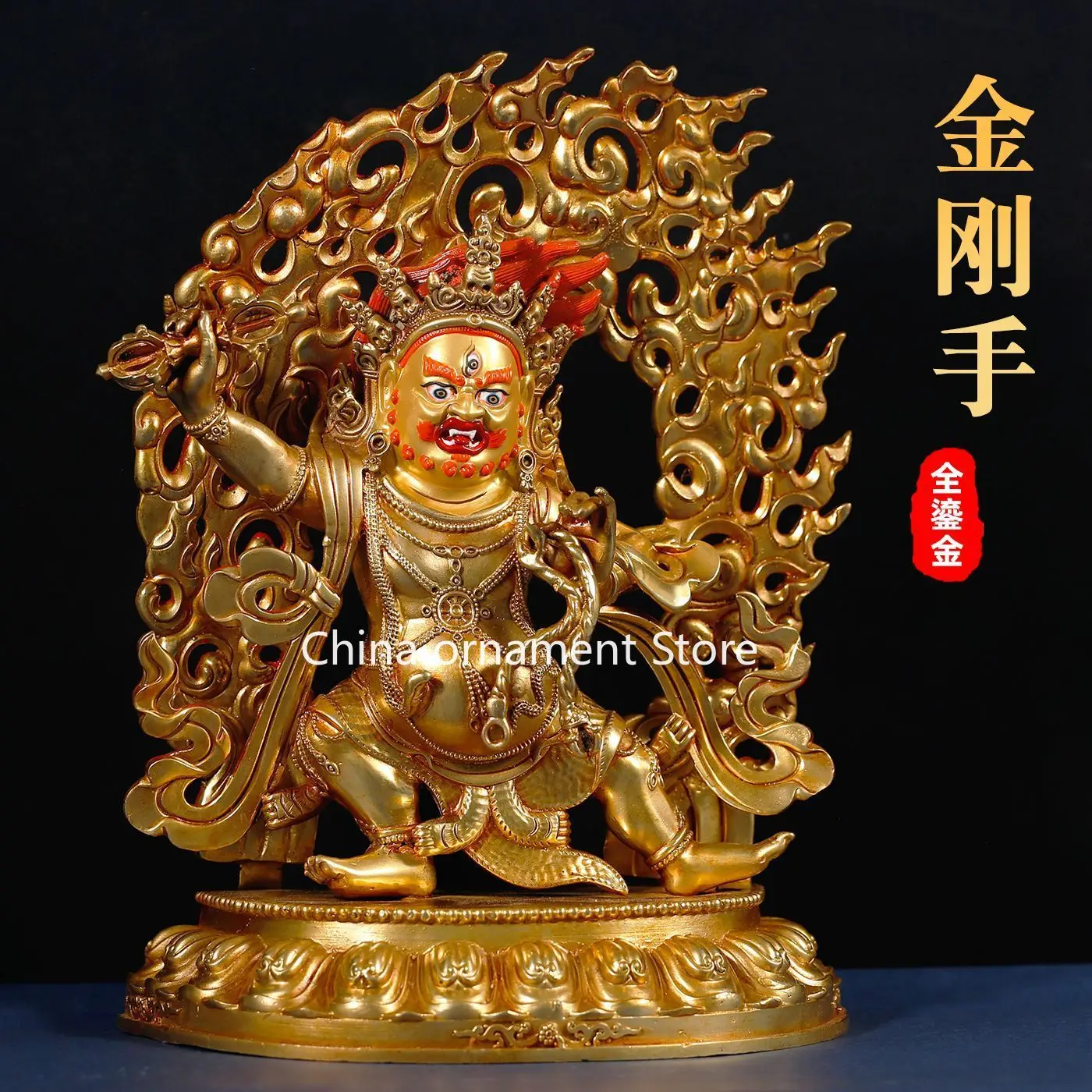 7-Inch bronze statue of Bodhisattva with backlit Vajra hand, Tibetan tantra copper gilt trend to home Tibetan bronze statue orna