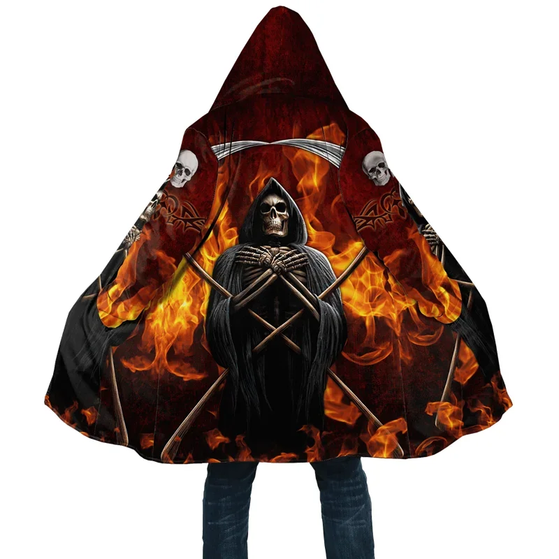 

winter Mens Cloak Fire Reaper Skull Tattoo 3D Print Full Fleece Hooded Coat Unisex Casual Thick Warm Cloak Coat