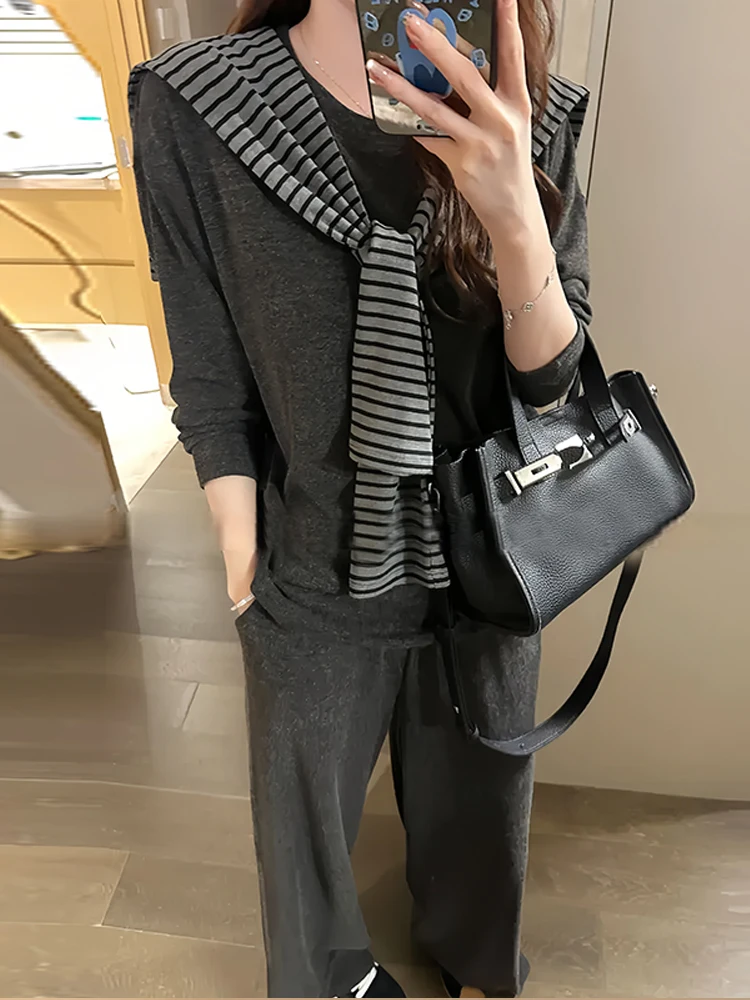 

Ele Stripe Sweatirt High Waist Wide Leg Pants Tee Piece Set Women Casual Faion Autumn Collection Comfortable Cotton