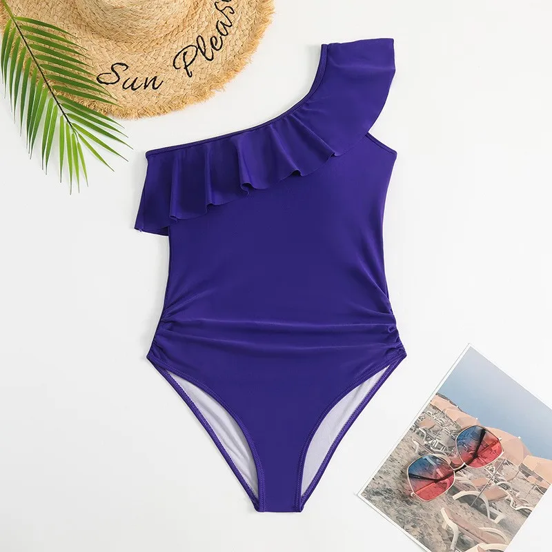 

Swimwear 2026 Swimsuit Woman Single Shoulder Purple Ruffle High Cut Bottom Wide Ruffle Asymmetrical Neckline Bathing