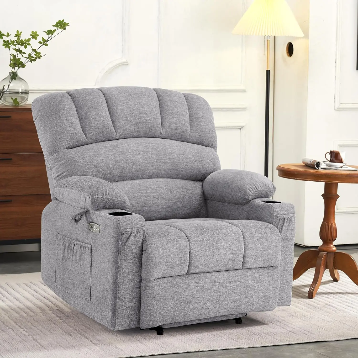 Ower Lift Recliner Chair Sofa with Massage and Heat for Big Elderly People Cup Holders Edium-Wide Grey