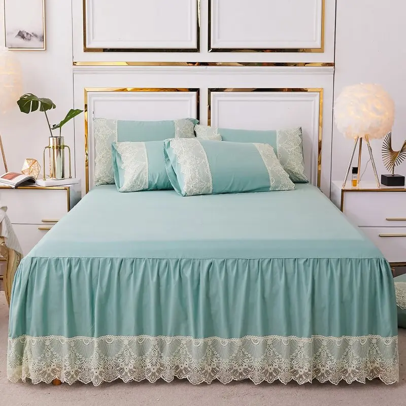 Solid Color Bed Skirt with Lace,Elastic Wrap Around Bedding Skirt,Solid Pleated Dust Ruffle Bedskirt Hotel Quality Bedroom Decor