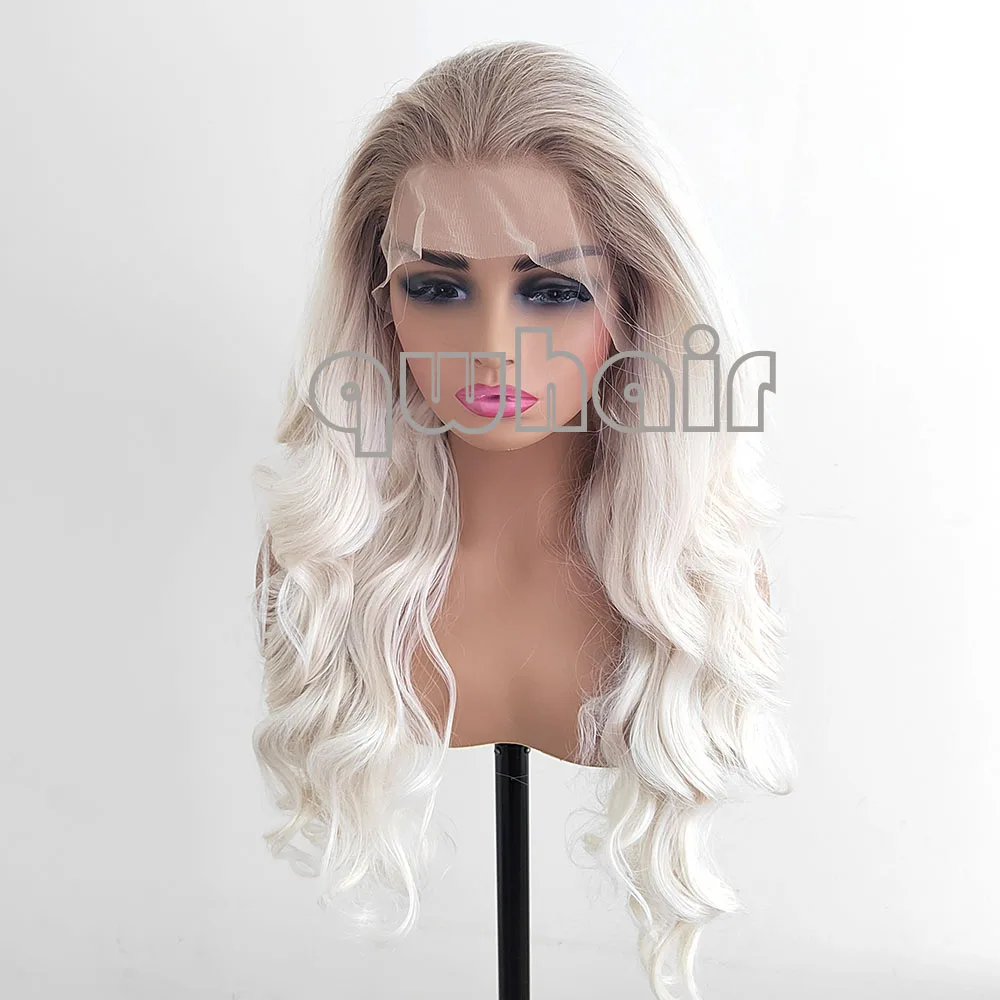 

QW Body Wavy Ombre Blonde Platinum Glueless Synthetic Hair Lace Frontal Wig For Fashion Women Preplucked Daily Party