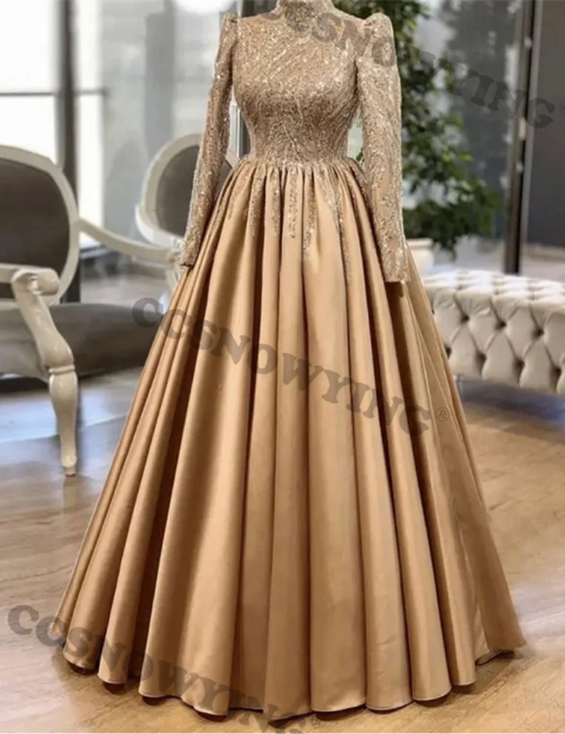 Satin Appliques Beaded Muslim Evening Dresses Islamic Long Sleeve Hijab Formal Party Gowns Arabic Dubai Women Moroccan Caftan