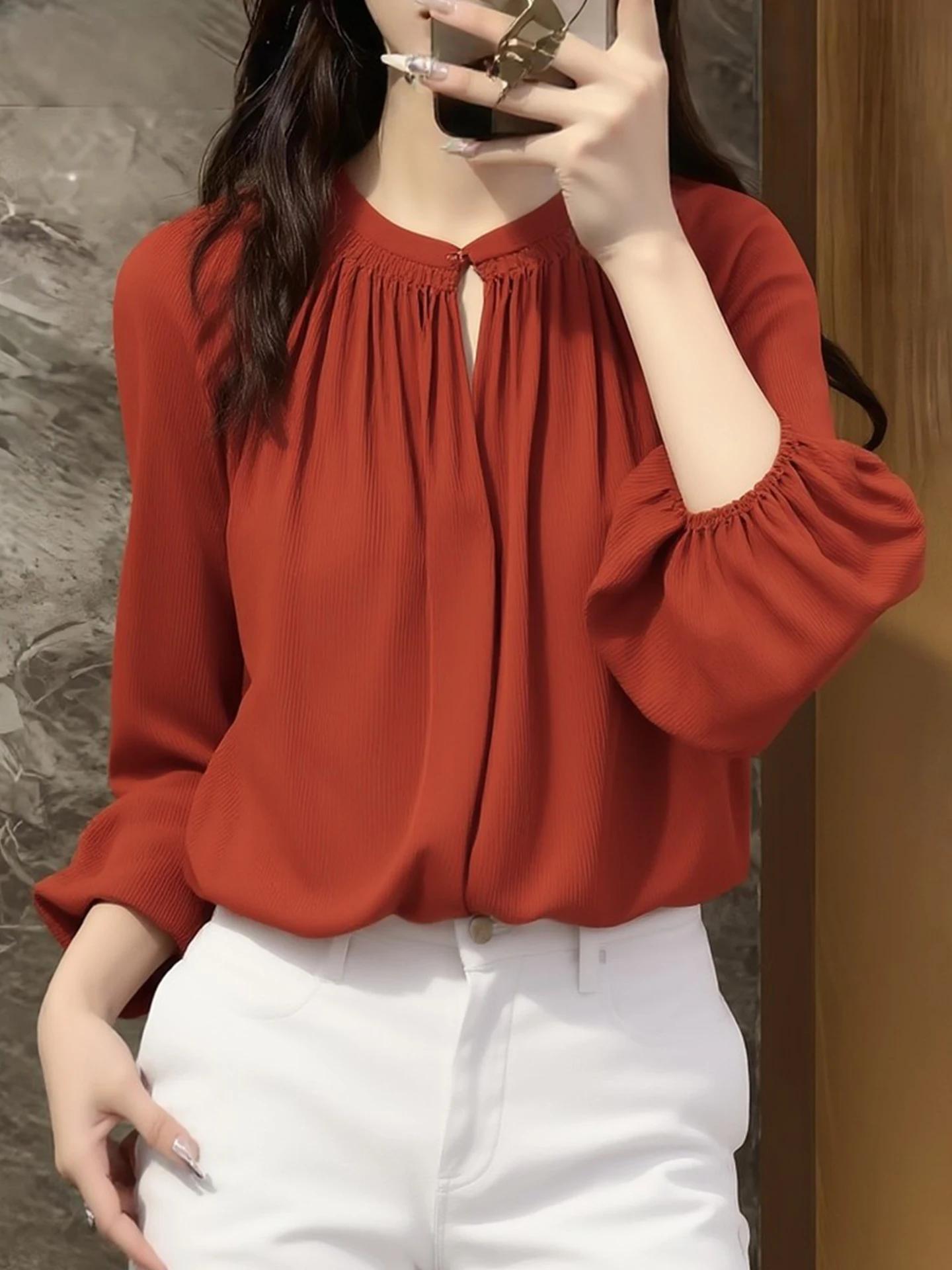 

Элегантная повседневная свободная блузка с длинным рукавом из шелкового шифона для весеннего сезона, универсальная легкая блузка в стиле Lazy Fashion