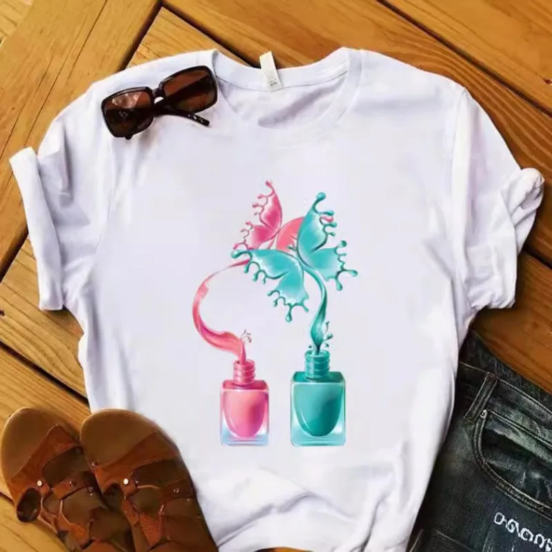 Explosive European and American Nail Polish Simple Women's Casual Cute Large Size Short-sleeved T-shirt Women Clothes Tops
