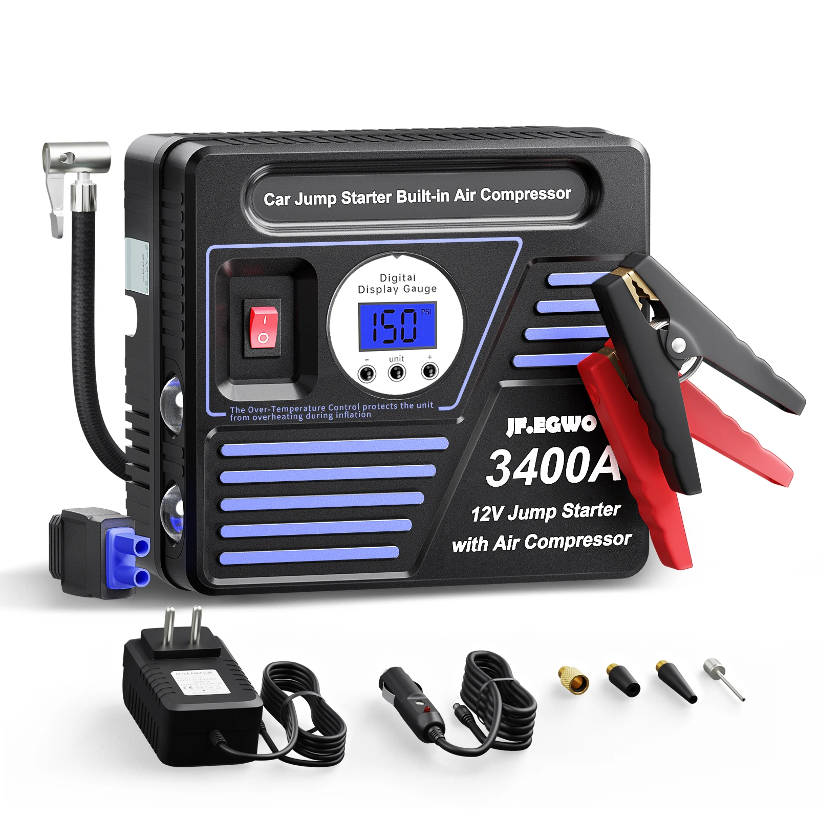 12 Volt Electric Tire Inflator 24000mah 150 PSI Air Compressor portable power jump starter