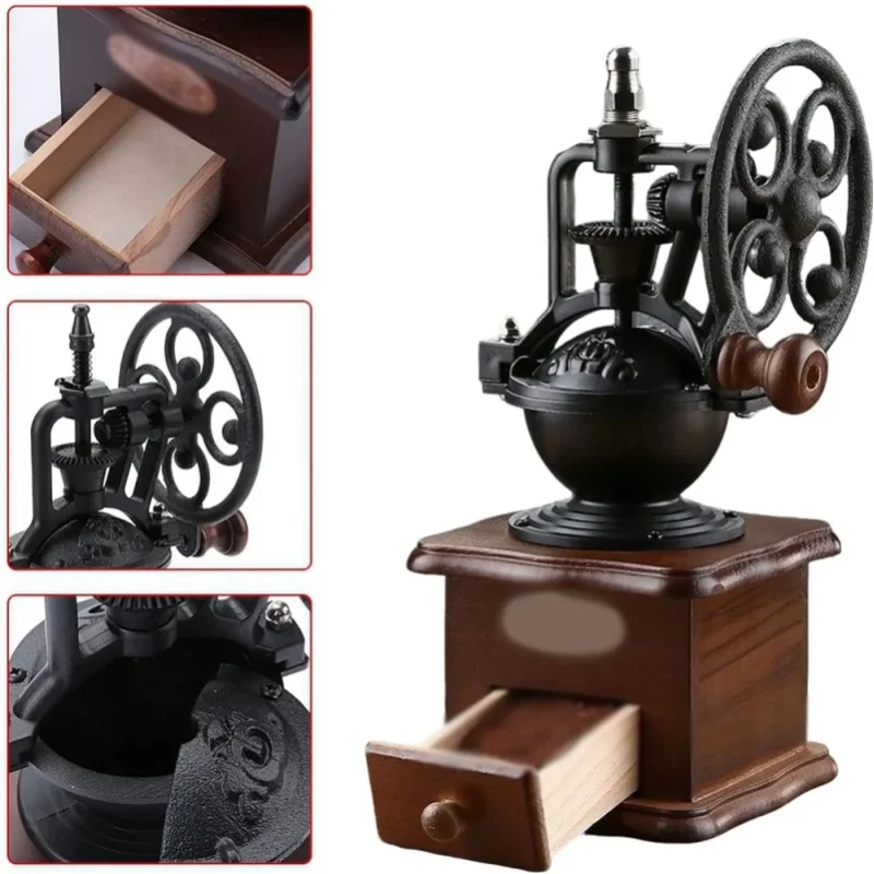 Drewniany ręczny młynek do kawy z ceramicznymi żarnami, vintage młynek manualny, kompaktowy i przenośny do kuchni i na kemping, regulowana grubość mielenia od ziaren do proszku. — 2