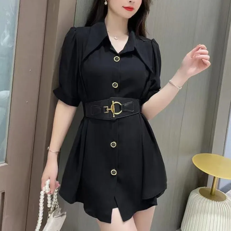 Women 2024 Summer New Korean Solid Color Fashion Square Neck Loose Versatile Cardigan Button Short Sleeve Mid Length Shirts Tops