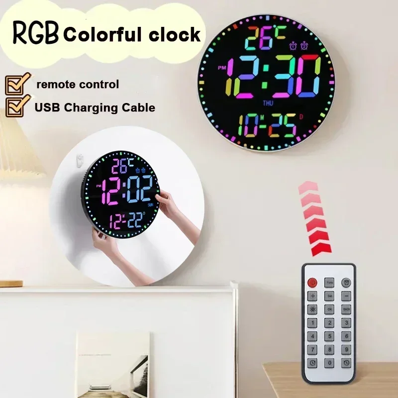 LED Digital Wall Clock Multifunctional Temperature Display Household Daily Alarm Clock Wall Hanging Colorful Intelligent Clocks