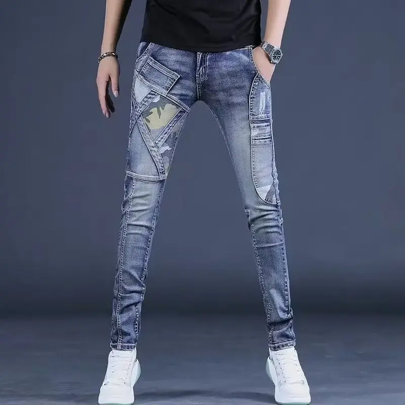 Slim Casual Jeans Men Stylish Motorcycle Pencil Pants Patchwork Printed Spring Autumn Luxury Clothing Designer Clothes Trousers