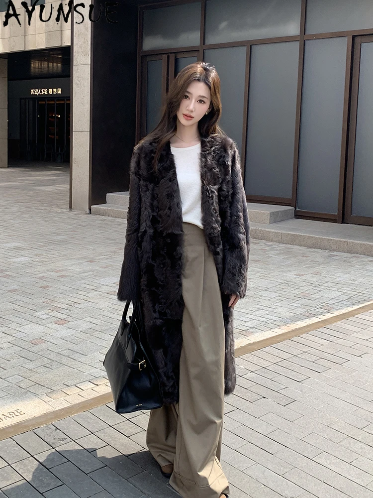 AYUNSUE Natural Wool Coats for Woman Thin V-Neck Shearling Coat Woman Clothes Long Double Sided Fur Jacket 2025 Abrigo Mujer