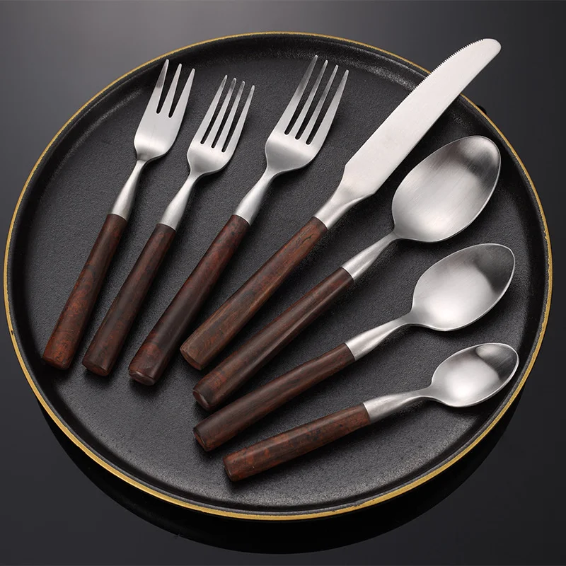 Upscale Frosted Cutlery with wooden Handles Stainless Steel Dinnerware Western Tableware Knife Fork Tea Spoon Silverware