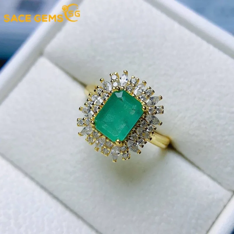 

SACE GEMS Fashion 925 Sterling Silver 5*7mm Natual Emerald Luxury Rings for Women Created Wedding Engagement Party Fine Jewelry